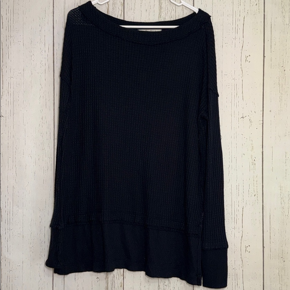 We The Free Casual Black Waffle Knit Long Sleeve Thermal Top Size XS